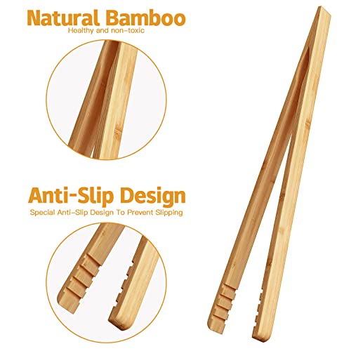DUJEN 2 Pieces Bamboo Toast Tongs, 10.2 Inches Long Wood Toaster Tongs with Anti-slip Design, Tongs for Cooking with Cooking Oil Coating