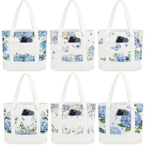 6 Pcs Mini Floral Bow Tote Bags for Women White Canvas Tote Bag Bulk Reusable Coquette Bags for Wedding Party Favor - color: Blue Hydrangea