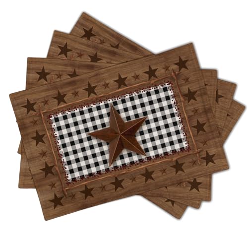 Western Texas Star Placemats for Dining Table Set of 4，Buffalo Plaid Country Wooden Plank Table Mats 18 x12 Inch Non-Slip Dining Table Place Mats for Party Kitchen Indoor Decor - color: Brown Western Texas Star