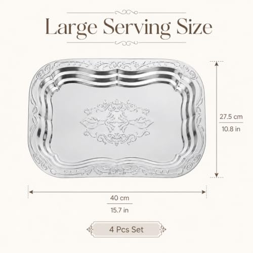 4 Pcs Large Silver Serving Trays, 15.7x10.8 in Stainless Steel Rectangular Serving Tray, Decorative Floral Engraved Platters for Party, Wedding, Buffet, Home Kitchen - size: 15.7x10.8 in