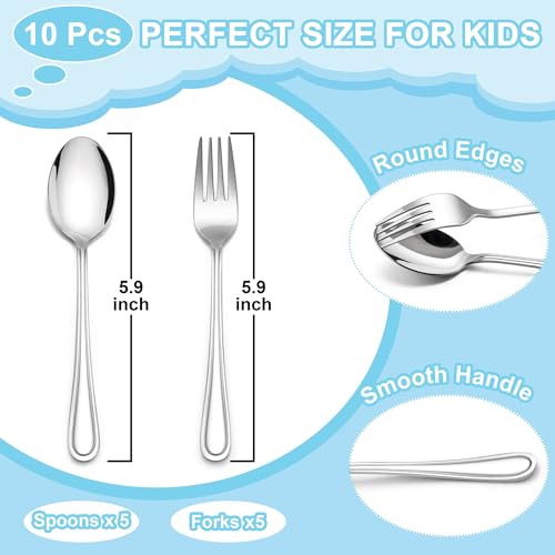 E-far Toddler Utensils, 10-Piece Stainless Steel Kids Fork and Spoon Set - color: Silver