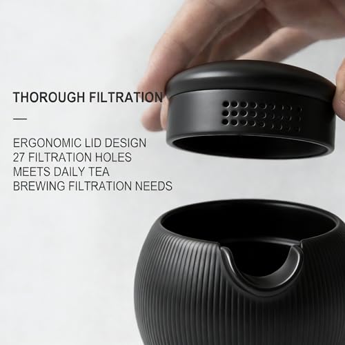 All-in-One Portable Travel Tea Kit, Ceramic Teapot with Removable Infuser, 2 High Borosilicate Glass Tea Cups, Non-Slip Silicone Sleeve & PU Leather Carry Pouch for Camping, Hiking, Office - color: Rhino Black