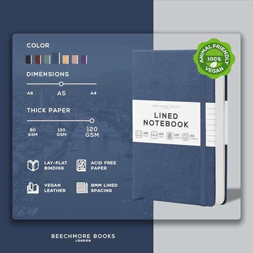 BEECHMORE BOOKS Premium Lined Leather Journal for Men & Women, 5" x 8" (A5) Thick 120gsm Ivory Cream Paper Notebook, Hardcover Vegan Leather Personal Diary, With Gift Box (Symphony Blue) (Pack of 2) - color: Symphony Blue, size: A5 - 5.8" x 8.3" Medium (P