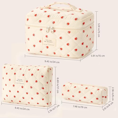 HBselect Quilted Makeup Bag, 3Pcs Cotton Large Travel Makeup Bags Organizer - color: A-3PCS-Floral 15