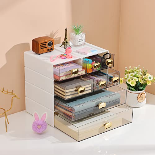 Desktop Storage Drawers, Stackable Countertop Organizer with Drawers - color: 4 Mixed Drawers, White