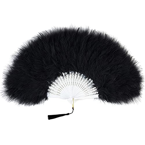 BABEYOND 1920s Marabou Feather Folding Hand Fan - color: Black