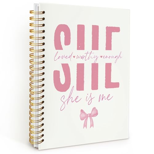 Coquette Pink Bow Christian Spiral Notebook, Bible Journaling Notebook, Religious Prayer Journal for Woman, Church Notes Journal, She Loved Worthy Enough Hardcover Notebooks 5.5x8.3 - color: Pink Bow - She is me