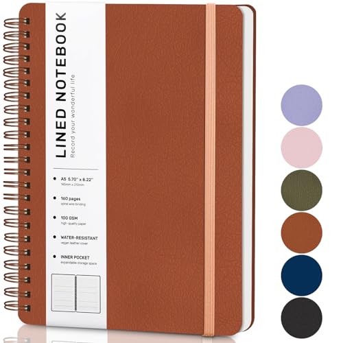 Lined Spiral Journal Notebook, A5 Hardcover Leather Notebook for Work, 5.7''×8.2'', 100GSM Thick Paper Spiral Bound Journaling Notebooks for Women & Men Office School Note Taking Business, Brown - color: Brown, size: A5