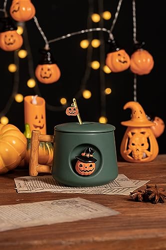 DIHOclub Adorable 3D Ceramic Pumpkin Head Mug with Lid and Spoon - Perfect for Coffee, Tea, Milk, and More - Ideal Gift for Halloween - 14 Ounces (HalloweenG) - color: HalloweenG