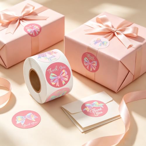 Holographic Bow Thank You Roll Stickers Pink Round for Gift Wrapping - style: Pink Bow