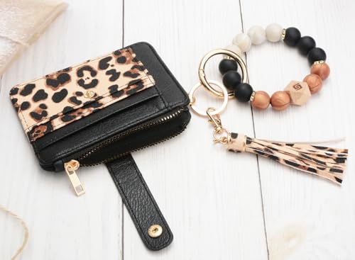 COOLANS Silicone Bracelet Wristlet Wallet Credit Card Holder RFID ID Window Key Ring Tassel Slim Wallet Women Keychain Purse - color: Black Leopard