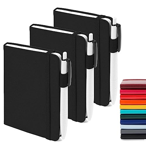 feela 3 Pack Pocket Notebook Journals with 3 Black Pens, A6 Mini Cute Small Journal Notebook Bulk Hardcover College Ruled Notepad with Pen Holder for Office School Supplies, 3.5”x 5.5”, Black - color: A6 3 Black