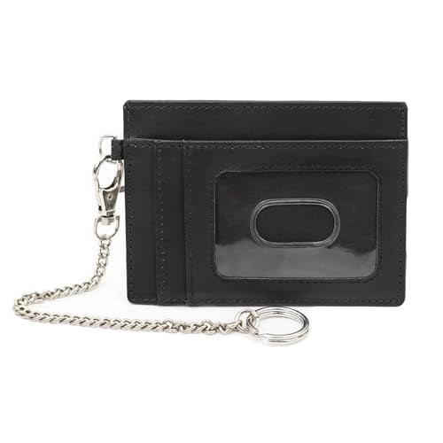 Leather Credit Card Holder with Keychain, Slim RFID Wallet (Black) - color: Black