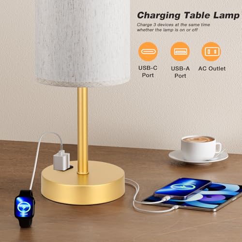 Fenmzee 17.4" Gold Lamp for Bedroom - Dimmable Touch, USB A+C, AC Outlet - color: Cream - Gold, size: 17.4"