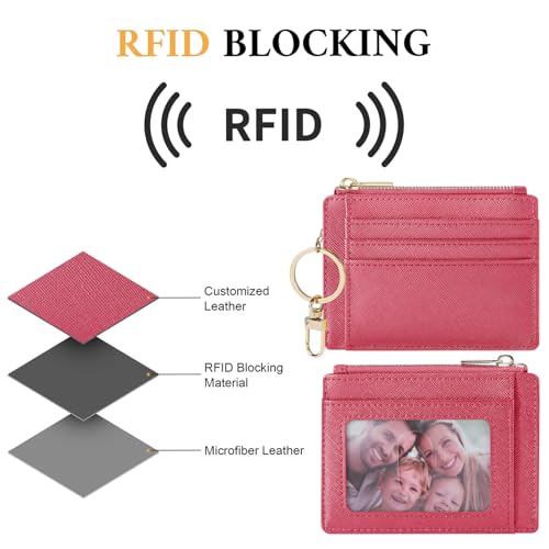 Sodsay Card Case Slim Front Pocket Wallet for Women Credit Card Holder with Keychain | Slim, Credit Card Holder, Front Pocket, with Keychain - color: CH Rose Red