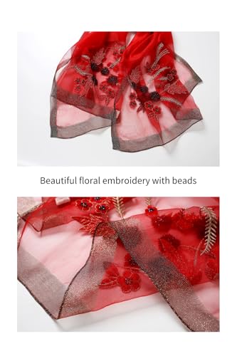 Jeelow Long Silk Blend Embroidered Floral Shawl Scarf Wrap for Women - color: Scarlet Whisper