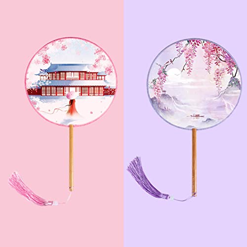 BAOZOON 2 Pcs Silky Translucent Ancient Round Fan Classic Silk Hand Held Fan Floral Pattern Palace Paddle Dance Fan with Tassel Wooden Handle Wedding Favor Gift Home Decor(Color#5) - color: Color#5