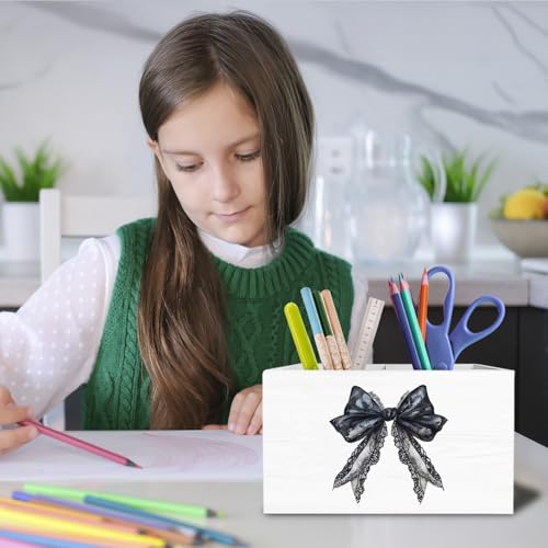 Coquette Black Lace Bow Pen Holder for Desk, Girly Preppy Room Decor Pencil Organizer, Black Ribbon Bow Wooden Box Sign Desk Decor for Girls Dorm Room Home Office Decoration - color: Black Lace Bow