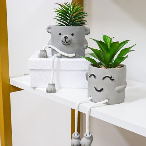 Zerzsy Fake Desk Plants in Cement Pots, Faux Plant Succulents Shelf Decorations, Funny Artificial Succulent Plants for Office Desk Decor, Cubicle Accessories - Set of 2 - color: 2 Pcs Set/a
