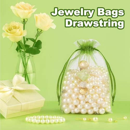 Crweety 50 Pcs Organza Bags 3x4, Green Small Mesh Gift Bags Drawstring Bulk - color: Green