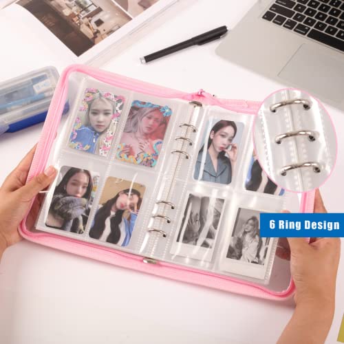 4-Pocket K-pop Photocard Holder Book with 30Pcs Inner Pages 6 Ring A5 Photocard Binder Card Collect Book Hold Up to 240 Cards (Pink) - color: Pink
