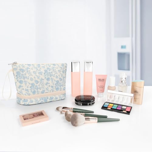 Small Makeup Bag 2 Layers Travel Cosmetic Bag with Makeup Brush Compartment - color: 02-blue flower