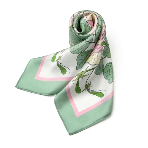 100% Mulberry Silk Scarf - 21" Square Lightweight Neckerchief, Gift Packed - color: Green-flowers
