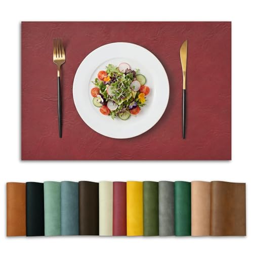 Artoid Mode Red Faux Leather Placemats Set of 6, 12x18 Inch Waterproof Wipeable Heat Resistant Vinyl Place Mats, Reversible Table Mats for Christmas Kitchen Dining Decor - color: Red, size: 12" x 18", Rectangular Set of 6