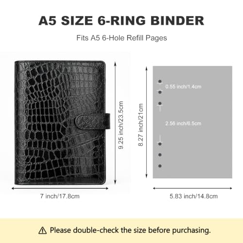 Convend A5/A6 Refillable 6 Ring Faux Leather Binder Cover, Black Croc - color: Crocodile-black, size: Luxe-A5