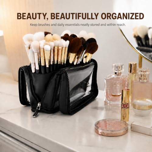 YDR Standing Makeup Brush Bag, PU Leather Cosmetic Organizer with Clear Window, Detachable Dividers and Brush Holder, Travel Makeup Organizer Case for Women, Beauty Storage - color: Black