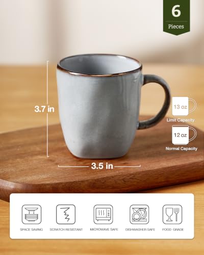 famiware Coffee Mugs Set of 6, Ocean Square 13oz Coffee Cup Set with Handle - color: Ocean Square-Grey, size: 6pcs