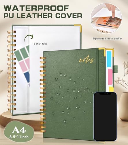 Hardcover Spiral Notebook Journal 8.5" x 11" Leather 5 Subject Notebook with Removable Dividers Tabs, 300 Pages Organizer Notebooks for Work School, College Ruled, Large Lined Journal for Women,Sage - color: Sage Green, size: A4