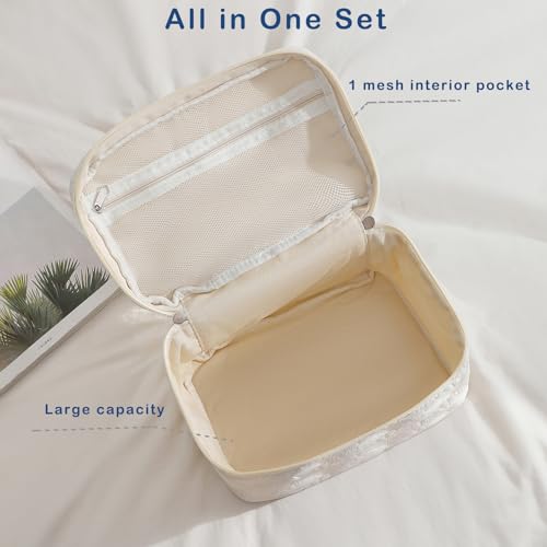 RSRSLEII 3Pcs Quilted Cotton Seashell Makeup Bag, Travel Toiletry Bag,White - color: 08 3Pcs White