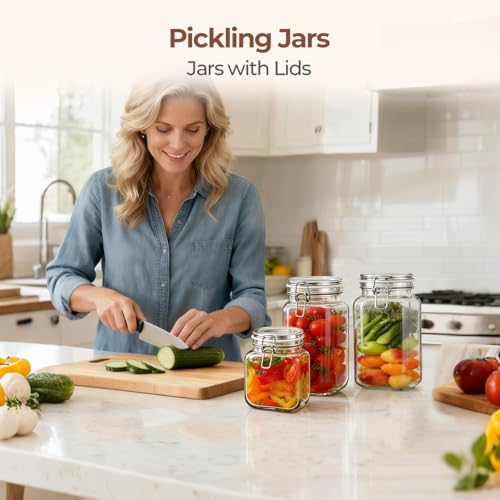 ComSaf Square Glass Jars with Airtight Lids 51 oz 3 Pack Wide Mouth - size: 51 fl oz x 3