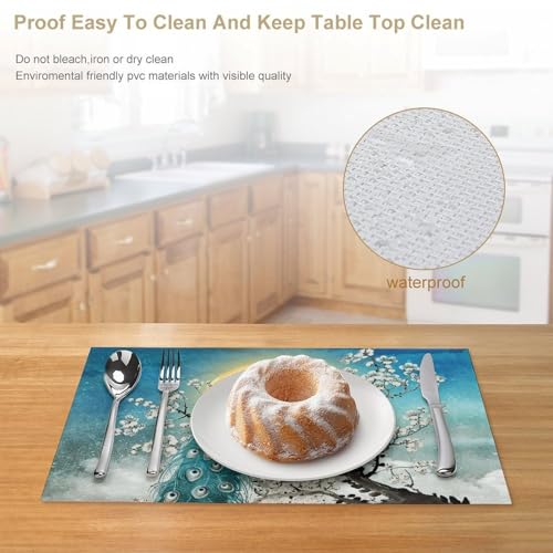 Floral Bird Vintage Peacock Cherry Blossom Placemats Set of 4, 12x18 Inch - color: Floral Bird04, size: 4pcs