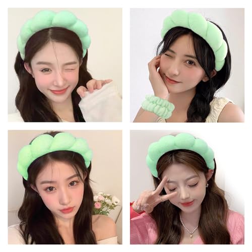 Spa Headbands for Washing Face Wristband Set Sponge Makeup Skincare Headband Wrist Towels Bubble Soft Terry Towel Cloth Hairband for Women Puffy Headwear Non Slip Thick Thin Hair Headwear (Green) - color: Green