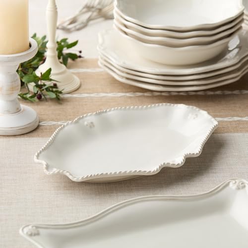Heritage Scroll Small Oval Platter – 13" x 8.75" Ivory Stoneware Serving Tray with Decorative Rim – Elegant Classic Serveware for Entertaining & Everyday Use