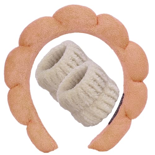 Beleki Spa Headband for Washing Face Wristband Set Sponge Headband Makeup Skincare Face Washing Headband Terry Cloth Bubble Puffy Hairband Non Slip Headwear Hair Accessory for Women - Orange - color: Orange