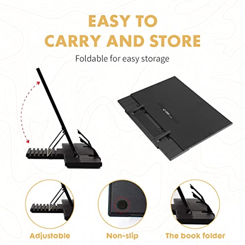 Barelove Desktop Document Book Holder, Metal Foldable Reading Rest Book Stand Easel with 7 Adjustable Positions and Paper Page Clip, Great for iPad Laptop Cookbook Textbooks Tablet Music Sheet Recipe - color: Luxury Black