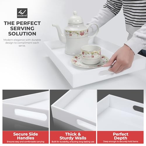 White Tray 20×12" with Cut Handles - Spill Proof Decorative Tray is an Ideal Countertop Organizer for Living Rooms, Ottoman Coffee Tables, Offices, Kitchens & Serving Guests - color: White, size: 20" x 12" x 2"