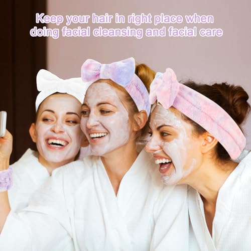 CIEHER 12 PCS Makeup Headband for Women Wrist Washband Scrunchies Cuffs for Washing Face, Soft Bow Hair Band Matching Wristbands, Colorful & White DIY Spa Headband Coral Fleece - color: Colorful, White