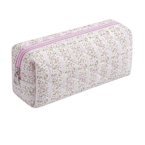 Cute Floral Cotton Makeup Brush Cosmetic Bag for Women, Travel Quilted Zipper Make Up Bag, Flowers Toiletry Organizer Case Kawaii Makeup Cosmetic Travel Cloth Pouch (Pink Floral) - color: 01 Pink Floral