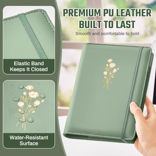 Ovesmusl Aesthetic A5 Binder 6 Ring, PU Leather Refillable Planner Cover - color: Green-flowers, size: A5