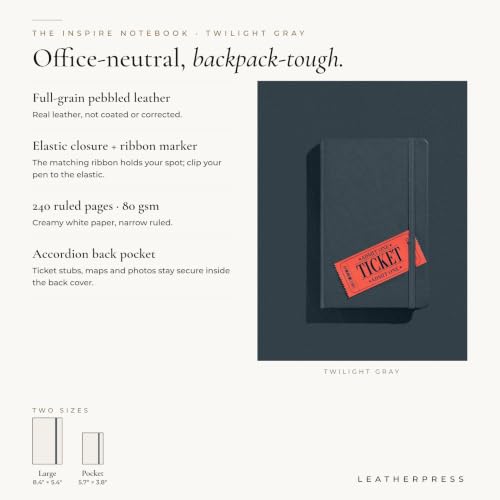 Leather Notebook, Writing Journal, Twilight Gray - color: Twilight Gray, size: Large