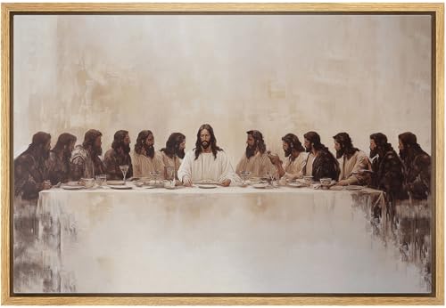 MUDECOR Framed Canvas Print Wall Art Biblical-Inspired Last Meal Scene Neutral Religious with Jesus and Disciples Illustrations Fine Art Decorative Farmhouse Retro for Bedroom - 16"x24" Natural - color: A10-2507-m02, size: 24"L x 16"W