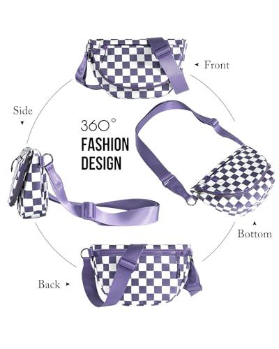 Crescent Bag for Women,Medium Nylon Crescent Bag Single Shoulder Bag - color: Crossbody bag- Cloud Purple Checkered