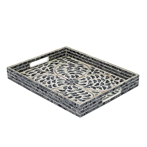 A&B Home Mother of Pearl Tray - Black Serving Tray with Handles, Coffee Table Ottoman Tray for Living Room, Contemporary Style Perfume Tray, Breakfast Tray for Sofa Bed, 15" x 12" x 2" - size: 15" x 11.8" x 1.8"