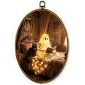 Glowing Ghost Black Cat Oval Wall Art, Framed Canvas Decor, 8.5x11.5 Inch - color: Lit Ghost Read Book With Black Cat