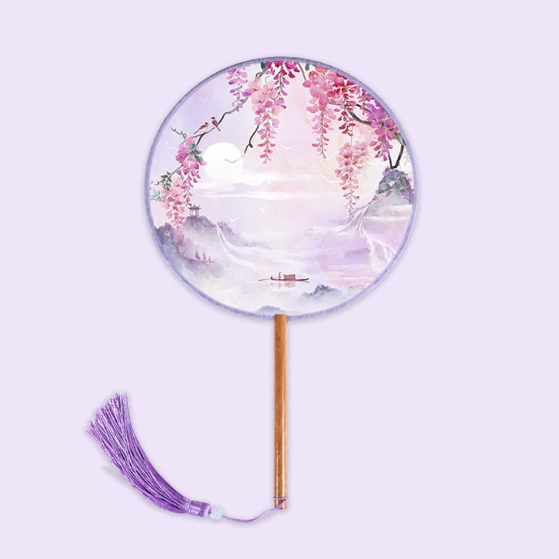 BAOZOON 2 Pcs Silky Translucent Ancient Round Fan Classic Silk Hand Held Fan Floral Pattern Palace Paddle Dance Fan with Tassel Wooden Handle Wedding Favor Gift Home Decor(Color#5) - color: Color#5