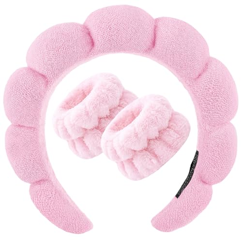 Zkptops Spa Headband for Washing Face Wristband Set Sponge Makeup Skincare Headband Terry Cloth Bubble Soft Get Ready Hairband Women Girl Puffy Padded Headwear Non Slip Thick Hair Accessory(Pink-2) - color: ZC Pink-2